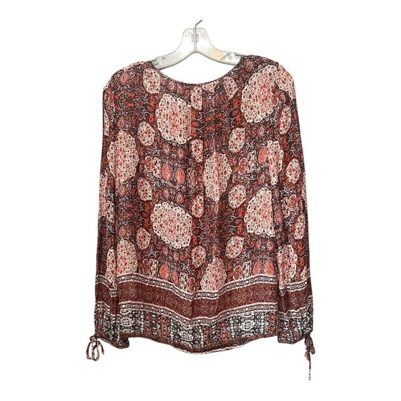 Lucky Brand Long Sleeve Printed Blouse Medium Brick Red Tie Cuff Lightweight Top - Picture 2 of 7